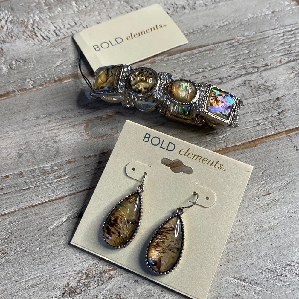 Bold Elements BUNDLE Golds Silvers Browns JCPenny Stretch Bracelet Earrings NEW